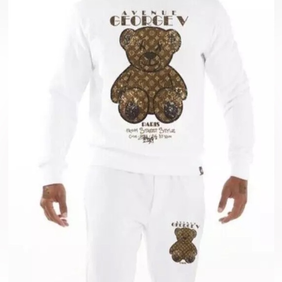 Avenue George V Paris Men's Tracksuit White Sweatsuit Rhinestone Teddy Bear - Picture 3 of 5